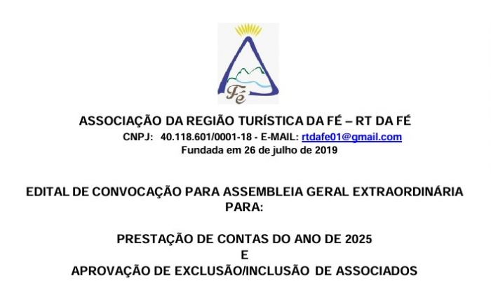 Edital de convocação para assembleia geral extraordinária - Associação da Região Turística da Fé - RT da Fé