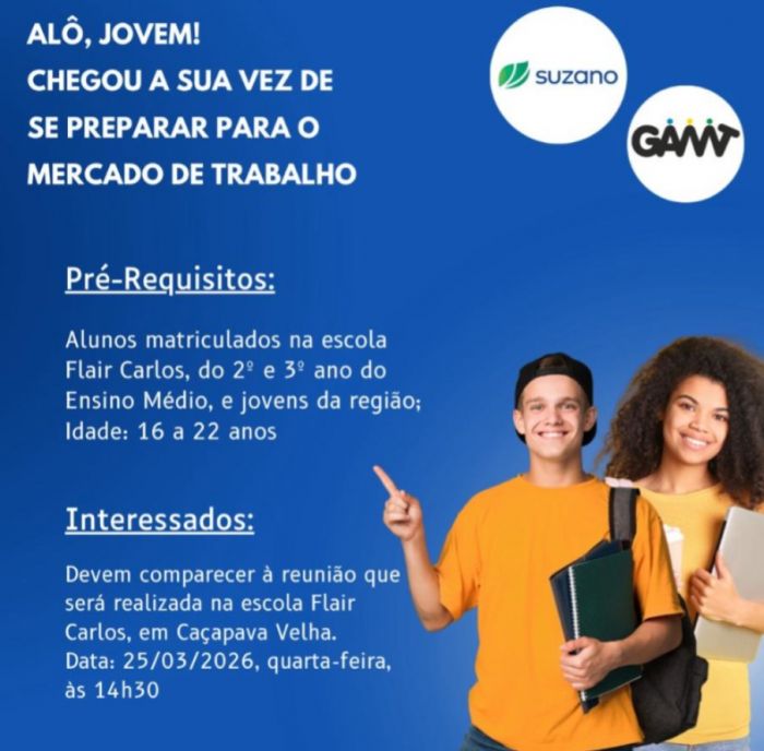 Suzano abre 40 vagas para programa de formação de jovens em Caçapava 